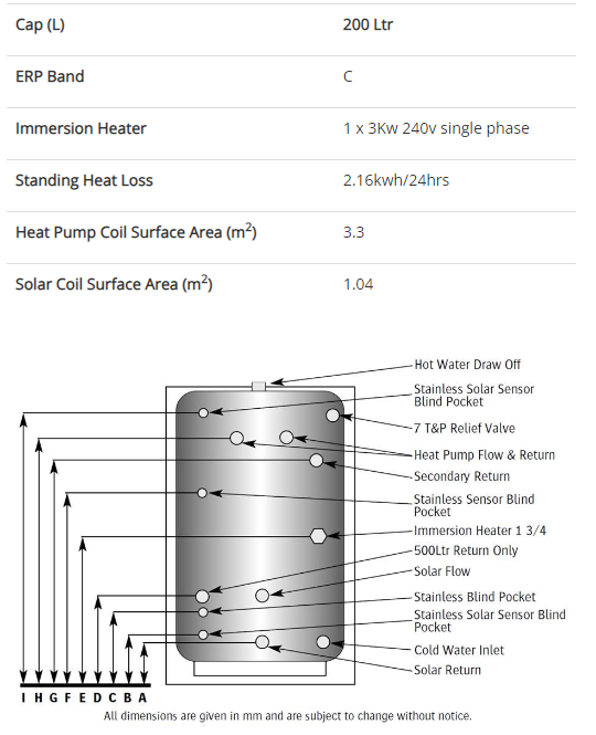Telford Tempest Solar Heat Pump Indirect Unvented Stainless Steel Hot Water Cylinder - 200 Litre With Solar Coil
