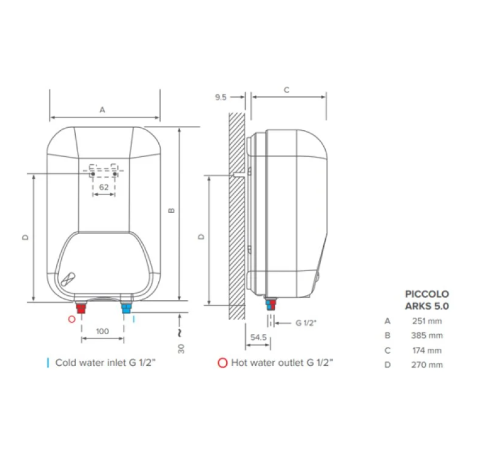 Ariston Piccolo Wall Mounted Point of Use Electric Water Heater With Spout- 2KW