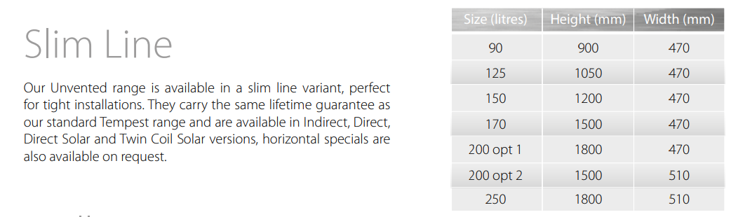 Telford Tempest Slimline Direct Unvented Stainless Steel Cylinder 200 Litre
