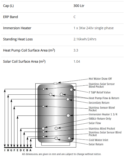 Telford Tempest Solar Heat Pump Indirect Unvented Stainless Steel Hot Water Cylinder - 300 Litre With Solar Coil