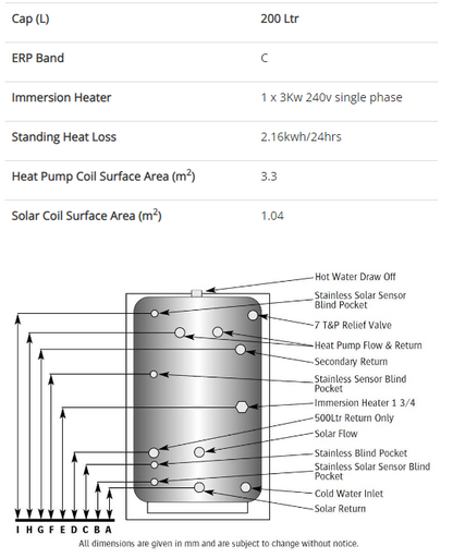 Telford Tempest Solar Heat Pump Indirect Unvented Stainless Steel Hot Water Cylinder - 200 Litre With Solar Coil