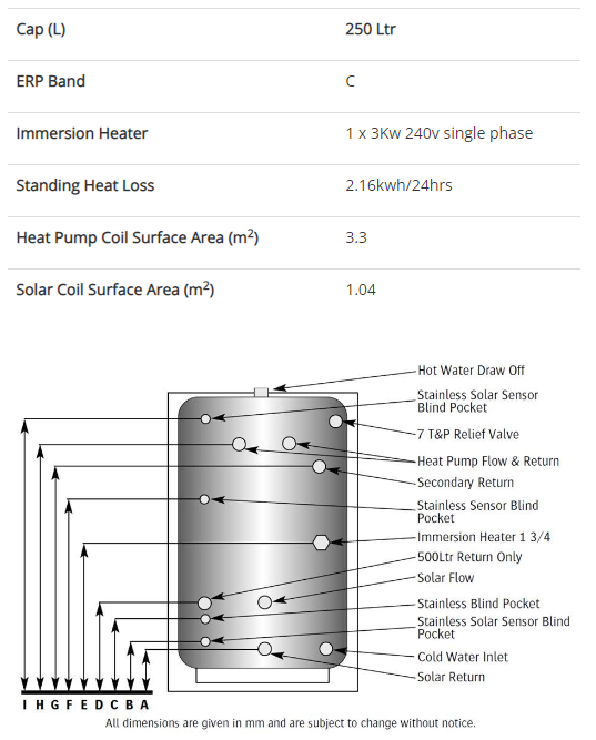 Telford Tempest Solar Heat Pump Indirect Unvented Stainless Steel Hot Water Cylinder - 250 Litre With Solar Coil