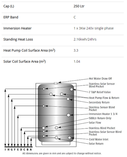 Telford Tempest Solar Heat Pump Indirect Unvented Stainless Steel Hot Water Cylinder - 250 Litre With Solar Coil