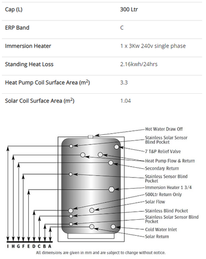 Telford Tempest Solar Heat Pump Indirect Unvented Stainless Steel Hot Water Cylinder - 300 Litre With Solar Coil